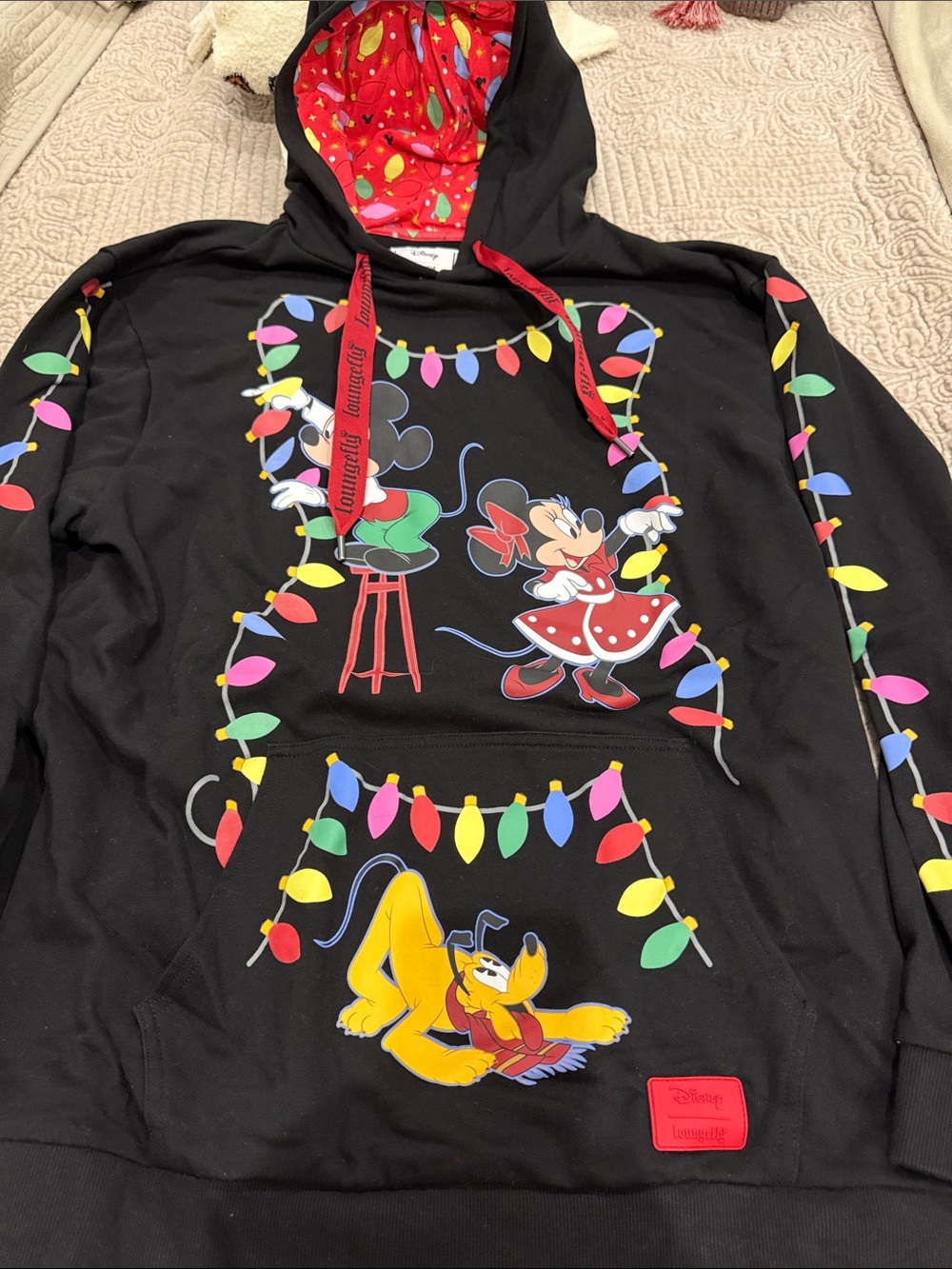 Loungefly Black Hoodie with Mickey, Minnie & Colorful Holiday Lights